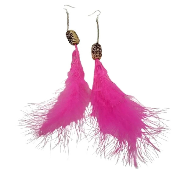 Fuchsia Bead Carved Pink Feather Duster Chain Earrings - Picture 2 of 2